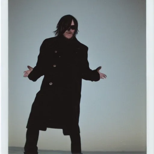 Image similar to 9 0 s polaroid photograph of norman reedus wearing a trenchcoat at night, dancing on a beach during cloudy weather, vignette