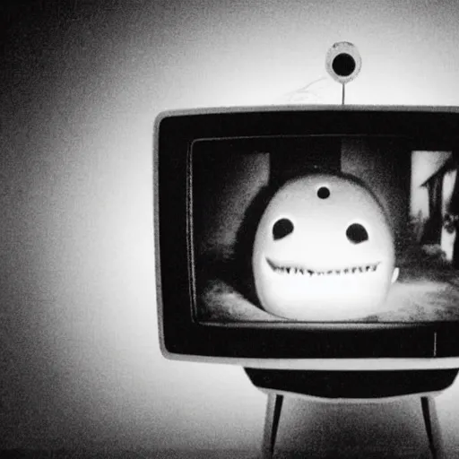 Image similar to creepy cursed TV playing found footage of a ghost, 90s, black and white, dark room at 4am