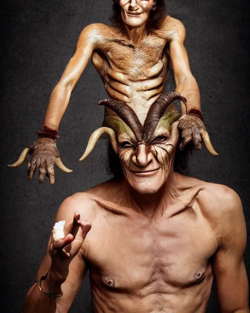 Image similar to actor Roddy McDowell in Elaborate Pan Satyr Goat Man Makeup and prosthetics designed by Rick Baker, Hyperreal, Head Shots Photographed in the Style of Annie Leibovitz, Studio Lighting