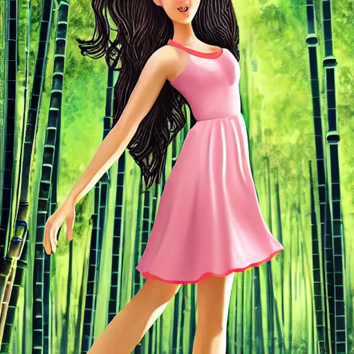 Image similar to A young beautiful giantess with a pretty face,she has green eyes, a cute nose and pink lips,she is wearing a sundress and sandals, walking in a bamboo forest ,detailed body and eyes,proper anatomy, beautiful lighting,,digital art , highly detailed , high contrast, beautiful lighting, award winning , trending on art station, 8k, photo realistic,unreal engine 5