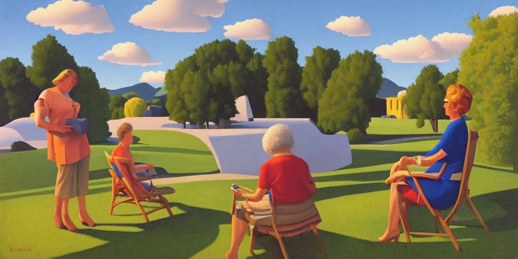 Image similar to knitting grandma, blue sky, summer evening, kenton nelson