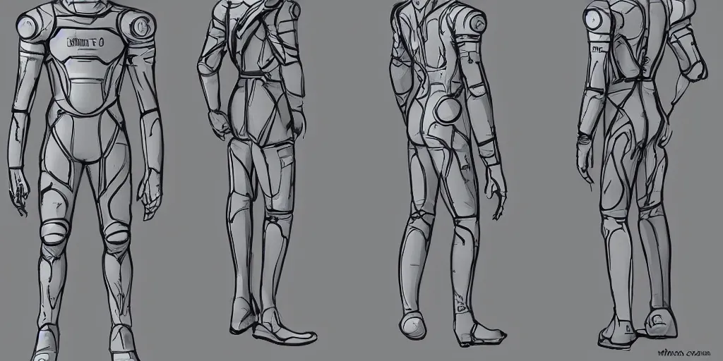 Image similar to male, space suit, character sheet, concept art, stylized, large shoulders, large torso, long thin legs, exaggerated proportions, concept design