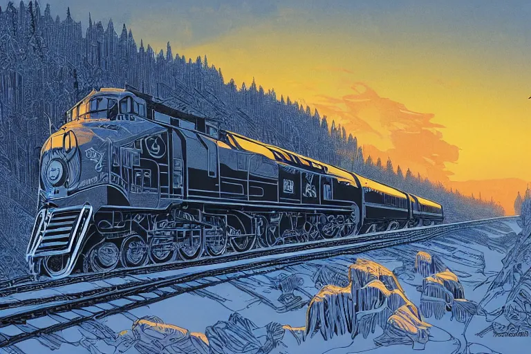 Image similar to trans - siberian express train ultrafine drawing by joe fenton and syd mead and p. craig russell and barry windsor - smith, artstation, 4 k, graphic novel, concept art, matte painting, beautiful russian winter landscape sunset background, golden hour, art nouveau, sharp
