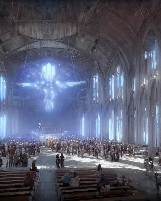 Prompt: fantasy movie scene digital matte painting of a crowd in a futuristic church by craig mullins and ghibli, strong contrast, priest, pews, ethereal, inviting, bright, raking light, unreal engine 5, hyper realism, realistic shading, cinematic composition, blender render, octane render, hdr, detailed textures, photorealistic, wide shot