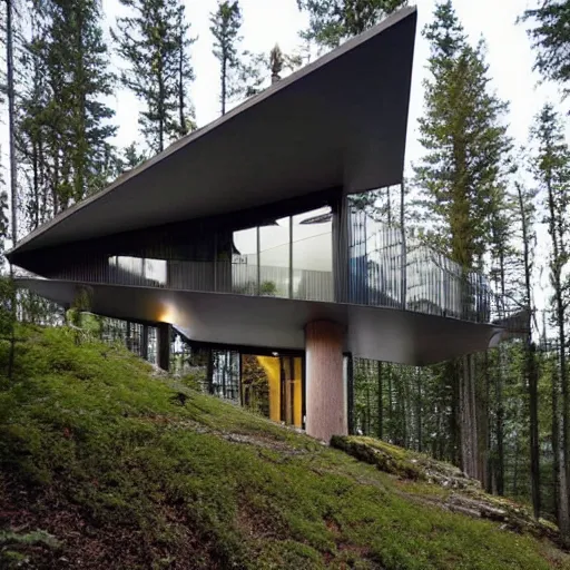 Image similar to a modern house in the woods. the house is the shape of a mobius strip with large picture windows. there are pine trees all around.