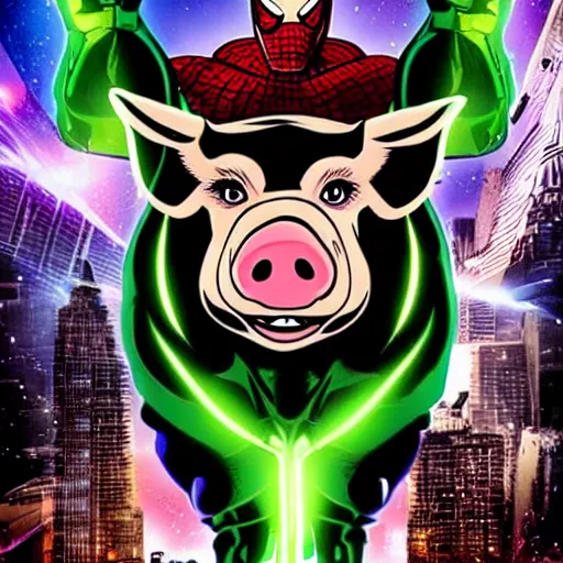 Prompt: Marvel superhero film poster of a Pig wearing a green bandana