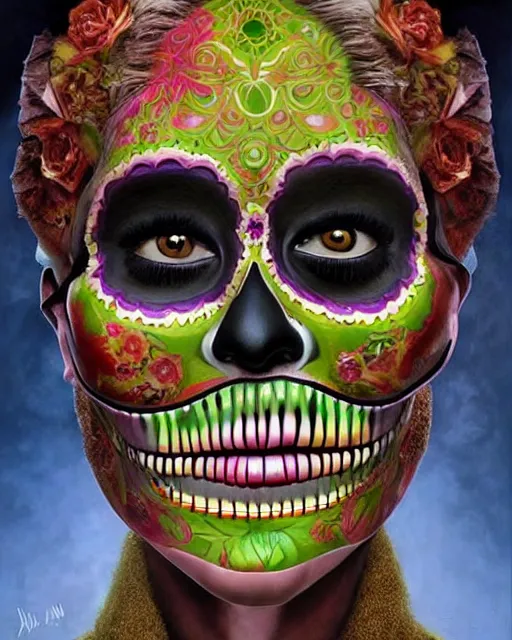 Prompt: dia de los muertos theme surrealist art in the styles of igor morski, jim warren, and osborne macharia, intricate, hyperrealistic, accurate facial details, profile picture with chromakey!!!!! background, volumetric lighting