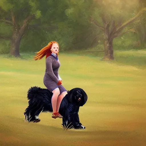 Image similar to girl riding a giant newfoundland dog in the park, trending on artstation