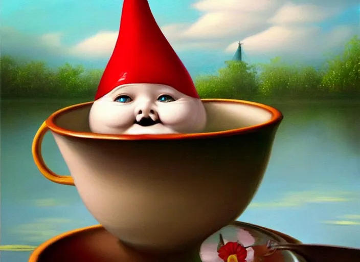 Prompt: a garden gnome sailing in a teacup, whimsical background of a reflective pond on a sunny day with dramatic clouds, an ultrafine detailed painting by mark ryden, trending on deviantart, pop surrealism, whimsical, lowbrow, joyous, perfect cute face