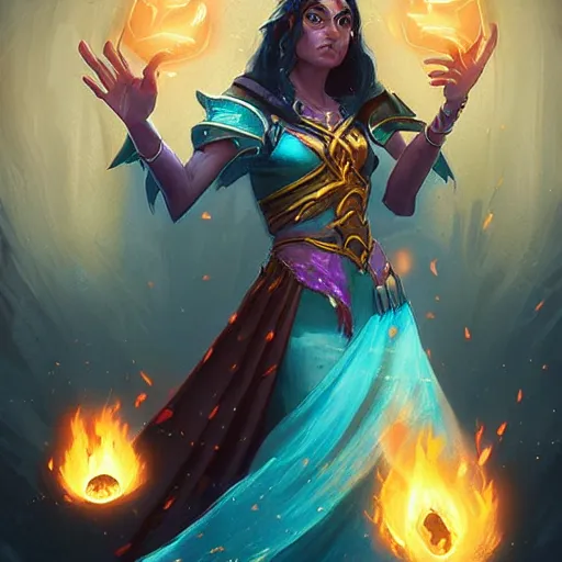 Image similar to The sorceress casting a fireball, Official Hearthstone artwork by Greg Rutkowski in Hearthstone Art style