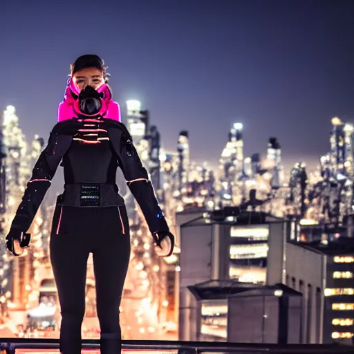 Image similar to photographic portrait of a techwear woman, closeup, on the rooftop of a futuristic city at night, sigma 85mm f/1.4, 4k, depth of field, high resolution, 4k, 8k, hd, full color