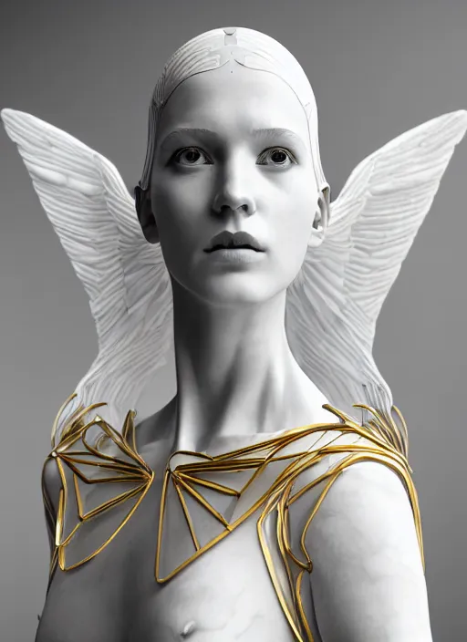 Image similar to a statue made of white marble with gold veins, of an beautiful gorgeous futuristic cybernetic angel girl, prostheses, transhumanism, full body shot, perfect symmetrical body, perfect symmetrical face, hyper realistic, hyper detailed, by johannen voss, by peter kemp, by monia merlo, by michelangelo, octane render, blender, 8 k