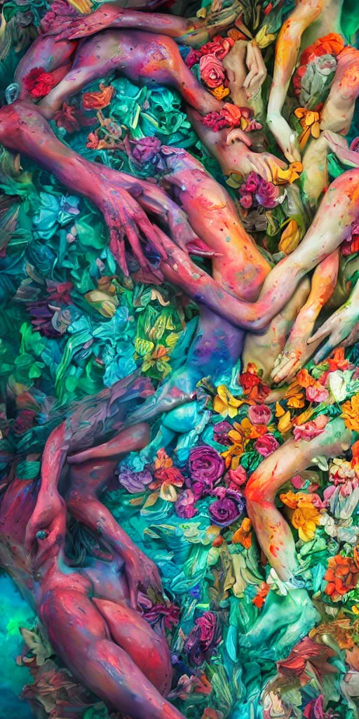 Prompt: closeup photograph of a surrealist sculpture human bodies intertwined, a lovely cornucopia of flowers and human body parts, body parts, paint pour, swirling paint, highly detailed, octane render, cinematic