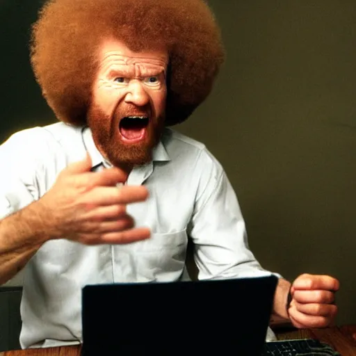 Image similar to angry bob ross screaming at his laptop