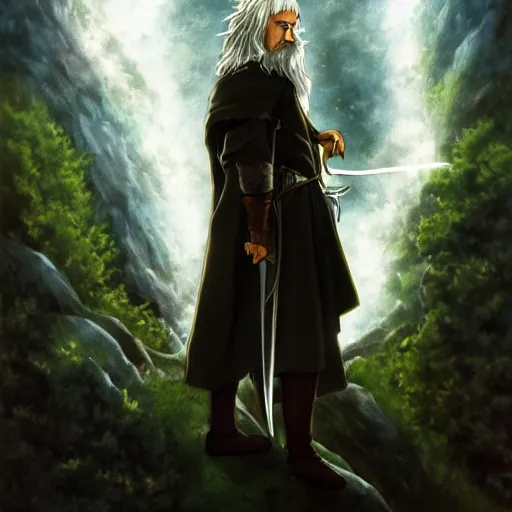 Image similar to anime key visual of the lord of the rings, gandalf, frodo, aragorn, acrylic painting, cinematic, dramatic lighting, aesthetically pleasing, anatomically correct