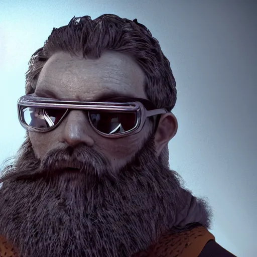 Prompt: highly detailed octane render of a close up portrait of an ugly man with a beard wearing goggles and armour and looking concerned in a cave