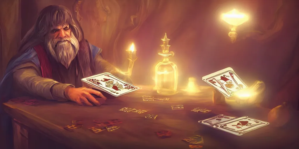 Image similar to handsome! wizard shuffling cards, cards, fantasy, digital art, soft lighting, concept art, 8 k