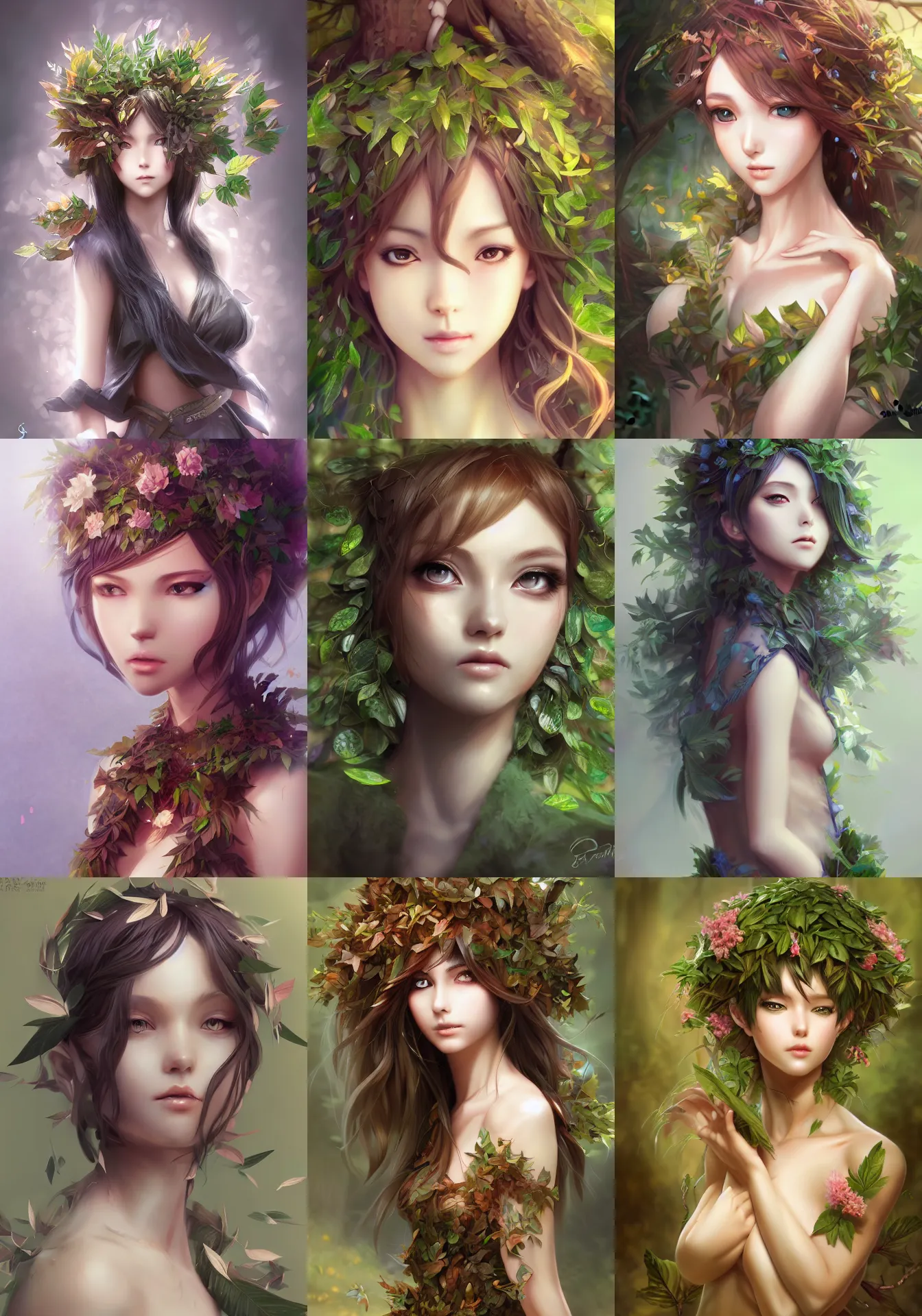 Prompt: A realistic anime portrait of a beautiful dryad wearing clothes made of leaves, digital painting, by Stanley Artgerm Lau, Sakimichan, WLOP and Rossdraws, digtial painting, trending on ArtStation, deviantart