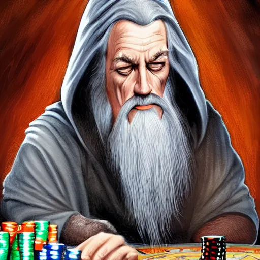 Image similar to gandalf playing poker, casino, highly detailed, digital art