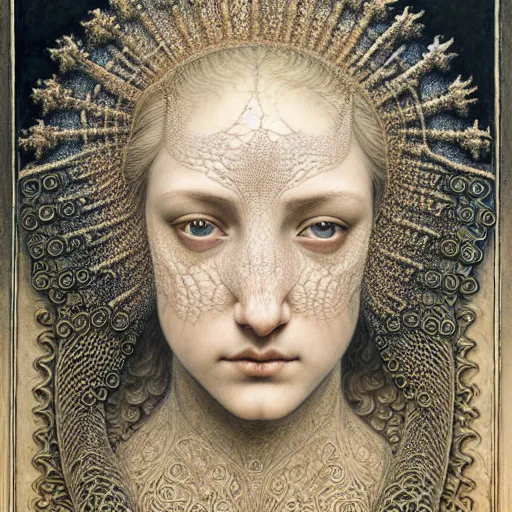 Image similar to detailed realistic beautiful young medieval queen face portrait by jean delville, gustave dore, iris van herpen and marco mazzoni, art forms of nature by ernst haeckel, art nouveau, symbolist, visionary, gothic, neo - gothic, pre - raphaelite, fractal lace, intricate alien botanicals, ai biodiversity, intricate hyper detailed ultra sharp octane render