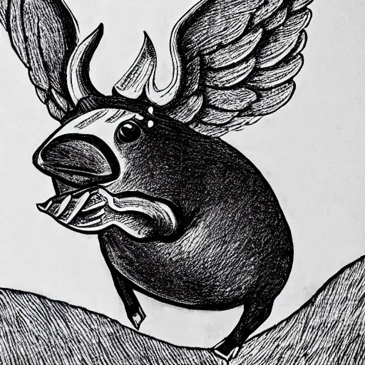 Image similar to black and white ink drawing of a flying pig with wings wearing a gold crown in the sky 8k