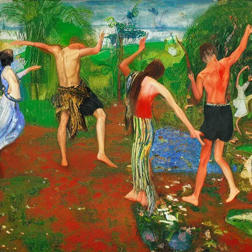 Prompt: 4 peoples dancing in the garden of eden, happy, painted by Asger Jorn, Peter Doig, minimalist oil paint with thick brushstrokes of paint, ultra detailed, realistic, 8k