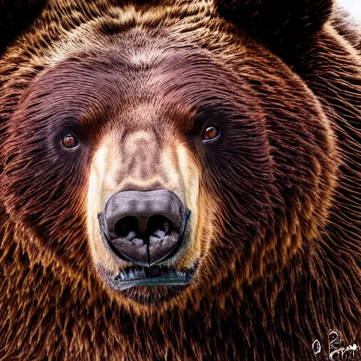 Image similar to Portrait of a bear , grim fantasy , EOS R5, f/2.8, HDR, fur, natural light, medium close shot, dynamic pose, award winning photograph, Michelangelo style