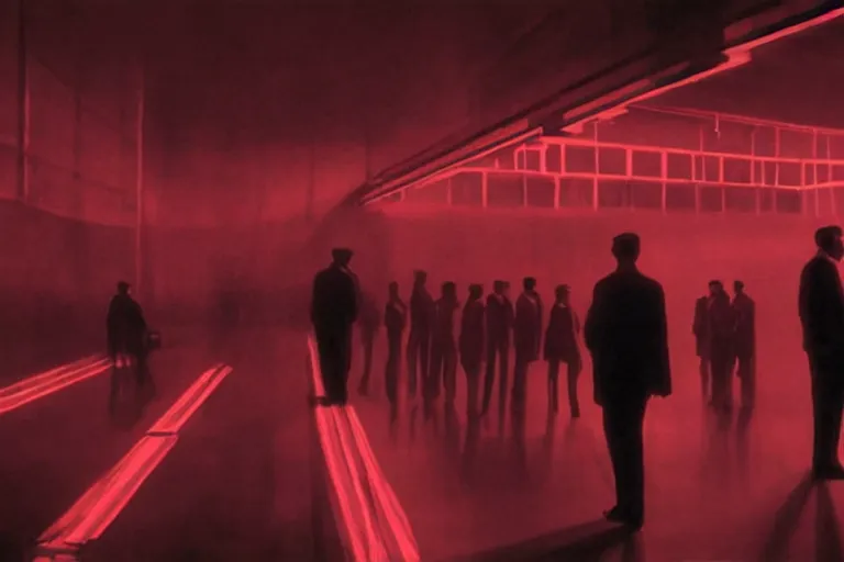 Prompt: back of a man facing a dark conference hall, people cheering at the atmospheric and obscure, red neon light, by roger deakins, cinematography, syd mead