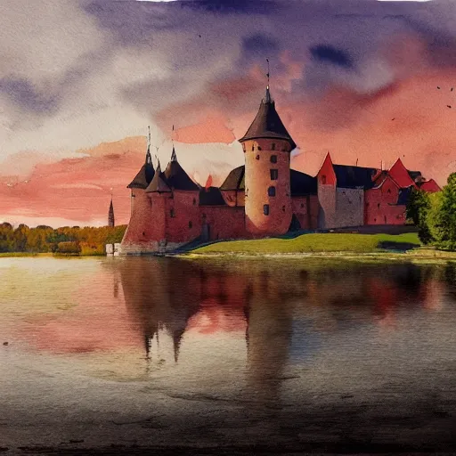 Image similar to cinematic shot of trakai castle during sunset, watercolor painting, jakub rozalski, artstation