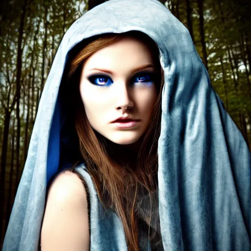 Image similar to cloaked maiden with blue eyes and a beautiful model face in a dark and creepy forest