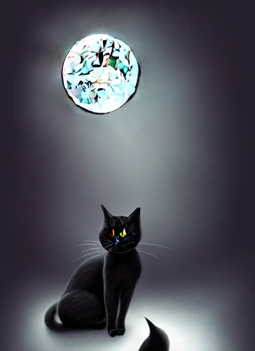 Prompt: black cat, moon, road, fantasy, intricate, elegant, highly detailed, lifelike, photorealistic, digital painting, artstation, illustration, concept art, smooth, sharp focus