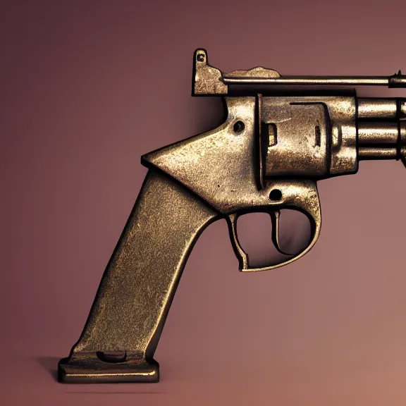 Prompt: a 4 k photorealistic photo medium shot of a bronze statue of a revolver gun.