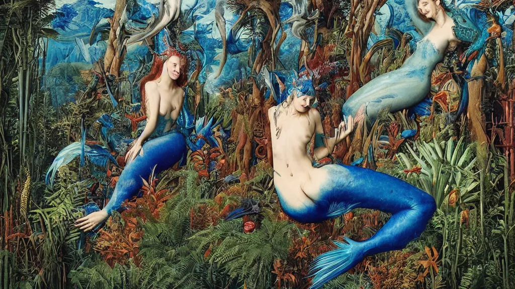 Image similar to a photograph of a grinning meditating blue harpy mermaid mutating into a savage fanged beast. surrounded by huge ferns and conifers. river delta with mountains under a blue sky full of burning stars and birds. painted by jan van eyck, max ernst, ernst haeckel, ernst fuchs and artgerm. trending on artstation, fashion editorial