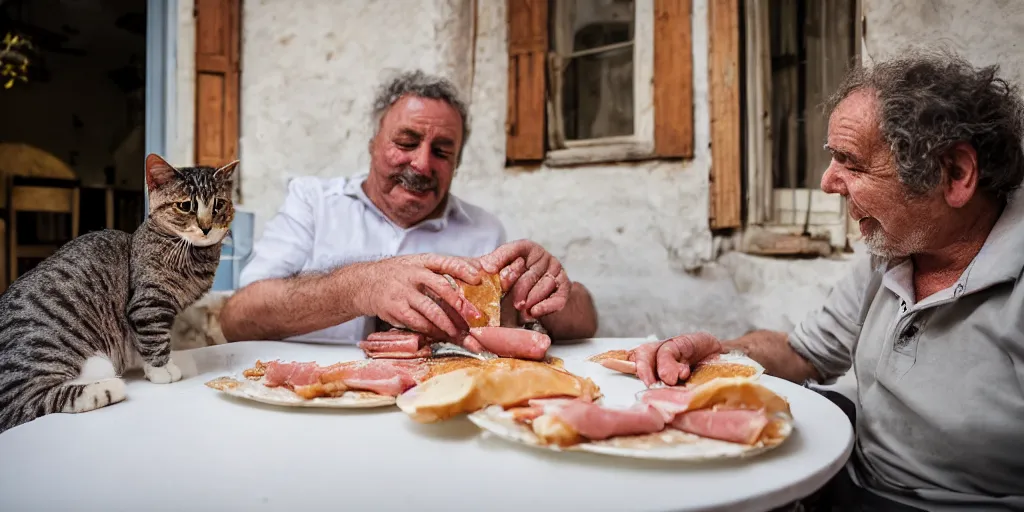 Prompt: photography of a cat sharing mortadella with his happy owner at a trullo house, photoreal, 3 5 mm, award winning photography