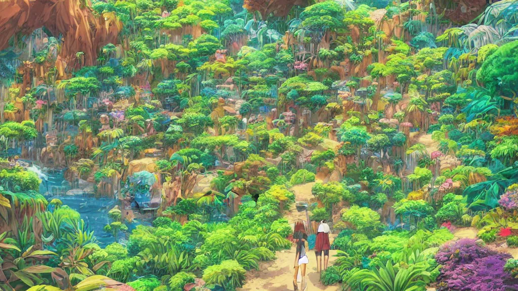 Prompt: detailed high quality landscape of oasis inside lush, vibrant jungle, detailed, hyperrealistic, landscape, colourful, anime style, in the style of studio ghibli