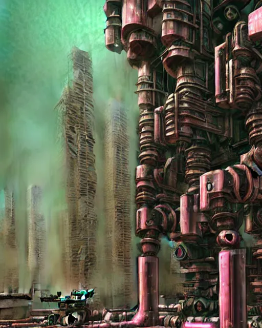 Image similar to hyperrealistic ornate mecha iridescent pink brutalist city ruins background concept art santiago caruso de chirico sharp very dramatic green light 8k low angle shallow depth of field