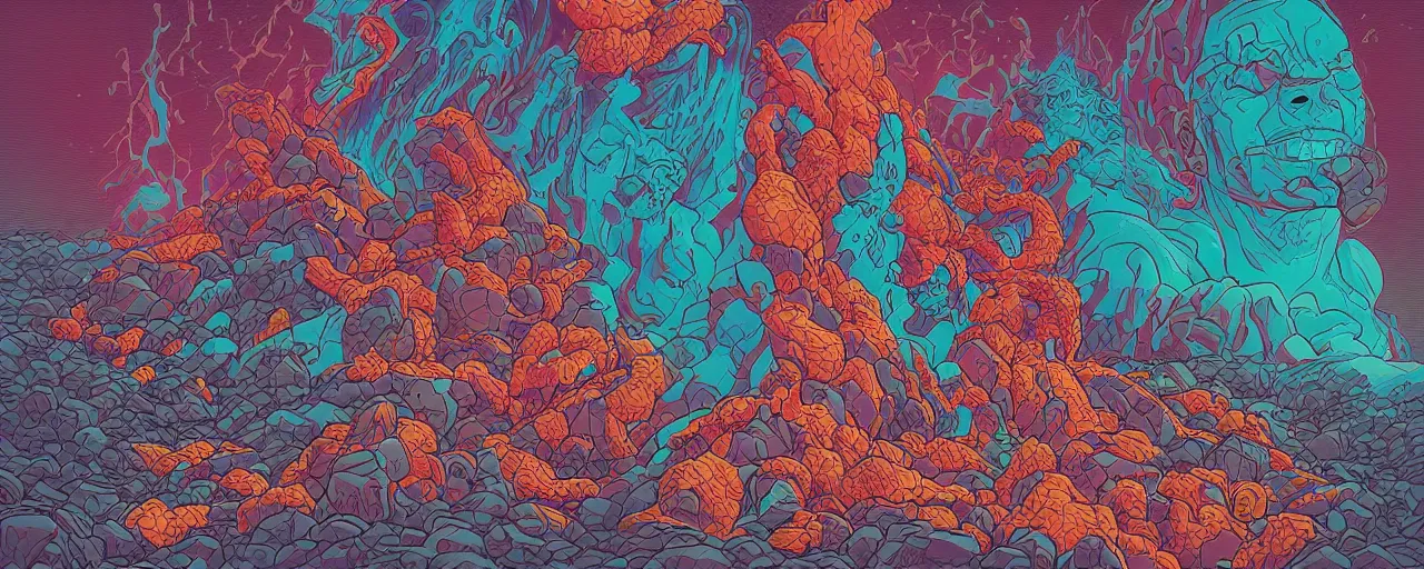 Image similar to portrait of head melting into another one, lava, by josan gonzales and Dan Mumford