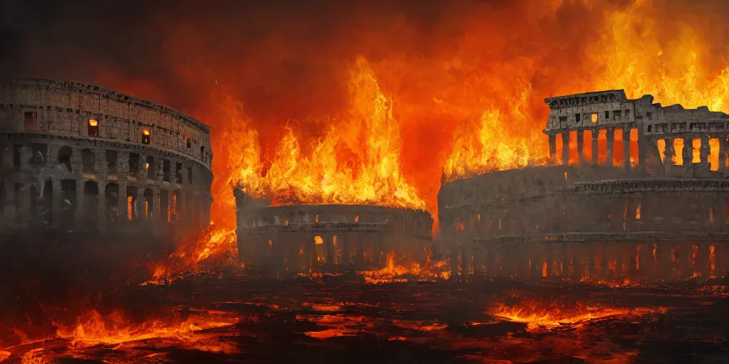 Image similar to painting of the great fire of rome, abstract, realism, 8 k, detailed, terror, octane render, 3 d render, complex emotion, glow, orange, beautiful, cinematic