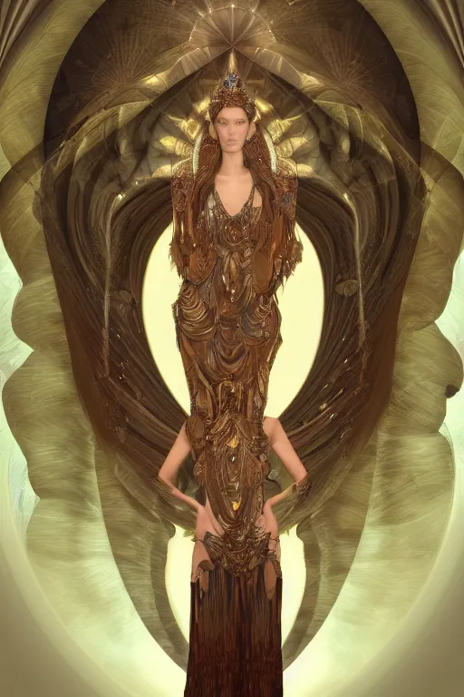 Image similar to a realistic portrait of a beautiful ancient alien woman goddess bella hadid standing in iris van herpen dress jewelery and fractals in style of alphonse mucha art nuvo dmt trending on artstation made in unreal engine 4