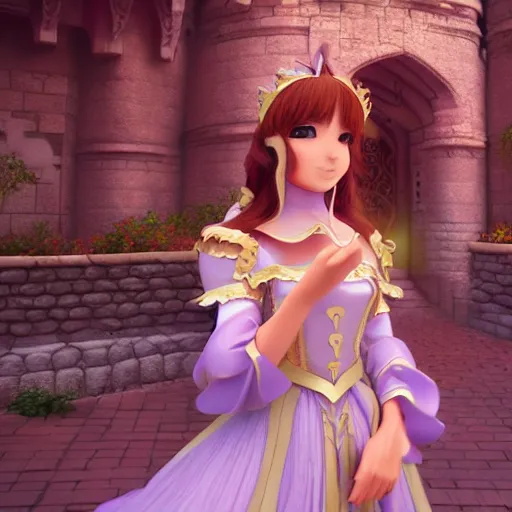 Prompt: a pleasant, beautiful, funny, smooth 3D CG render, semirealistic anime style, a noble priestess magician princess girl wearing dress and jewelry, in a glorious magic kingdom with castle and walls, relaxing calm vibes, fairytale, octane render