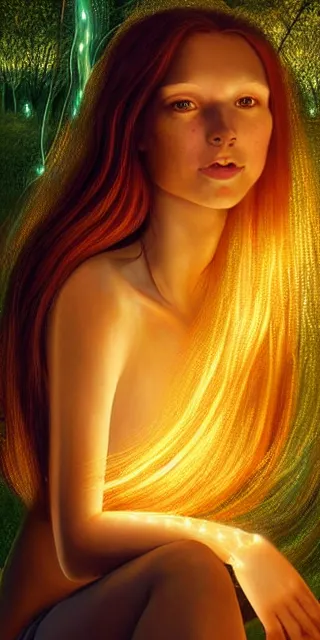 Prompt: young woman surrounded by golden firefly lights in a mesmerizing scene, sitting amidst nature fully covered, long loose red hair, precise linework, accurate green eyes, small nose with freckles, smooth oval shape face, empathic, bright smile, expressive emotions, hyper realistic ultrafine art by artemisia gentileschi, jessica rossier, boris vallejo