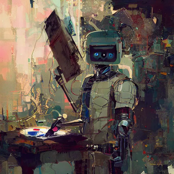 Prompt: robot artist painting a self - portrait on a canvas. intricate, highly detailed, photorealistic, film still, by ismail inceoglu.