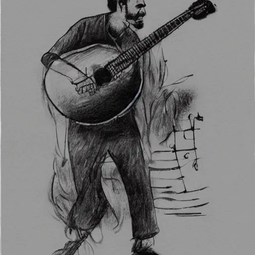 Image similar to an _ extremely _ detailed _ masterpiece _ grunge _ drawing _ of _ a rebetiko bouzouki player _ in _ the _ style _ of _ richard _ avedon