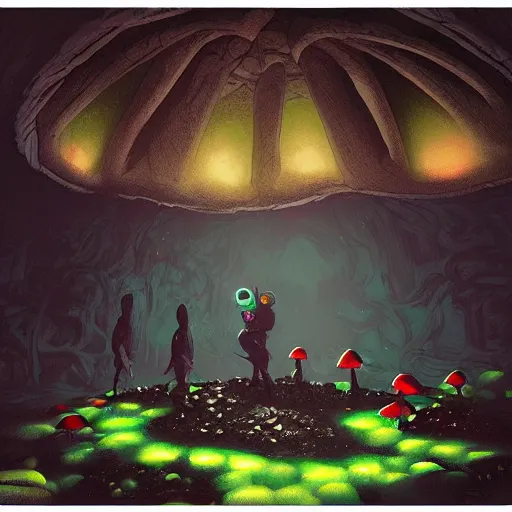 Prompt: a dark cave with glow - in - the - dark mushrooms, artstation, illustration