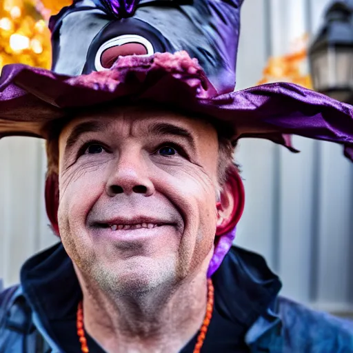 Image similar to clint howard trick or treating on halloween, ( sony a 7 r iv, symmetric balance, polarizing filter, photolab, lightroom, 4 k, dolby vision, photography awardm, voque, perfect face )