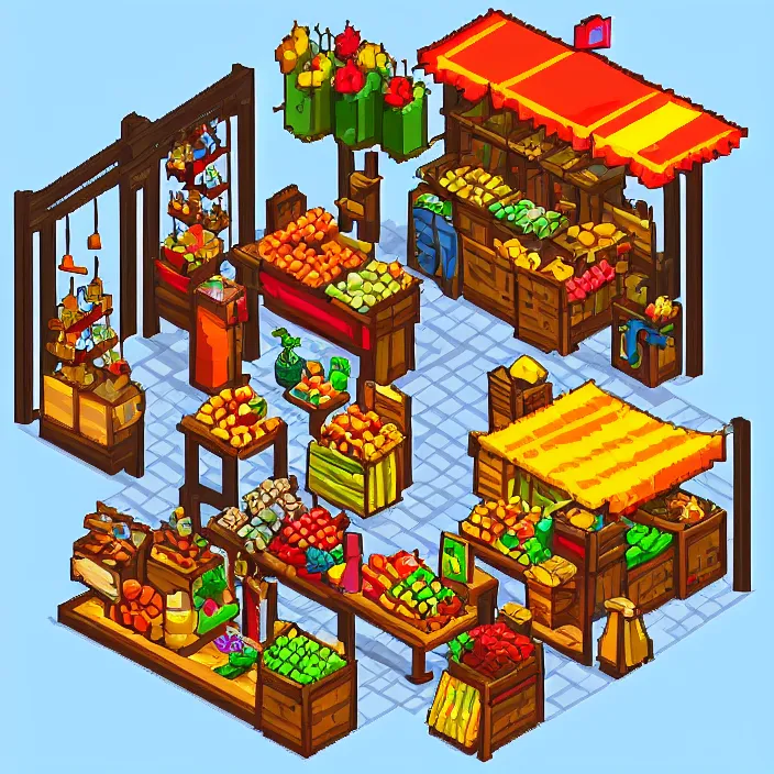 Image similar to isometric pixel art of a small medieval market stall selling fruits