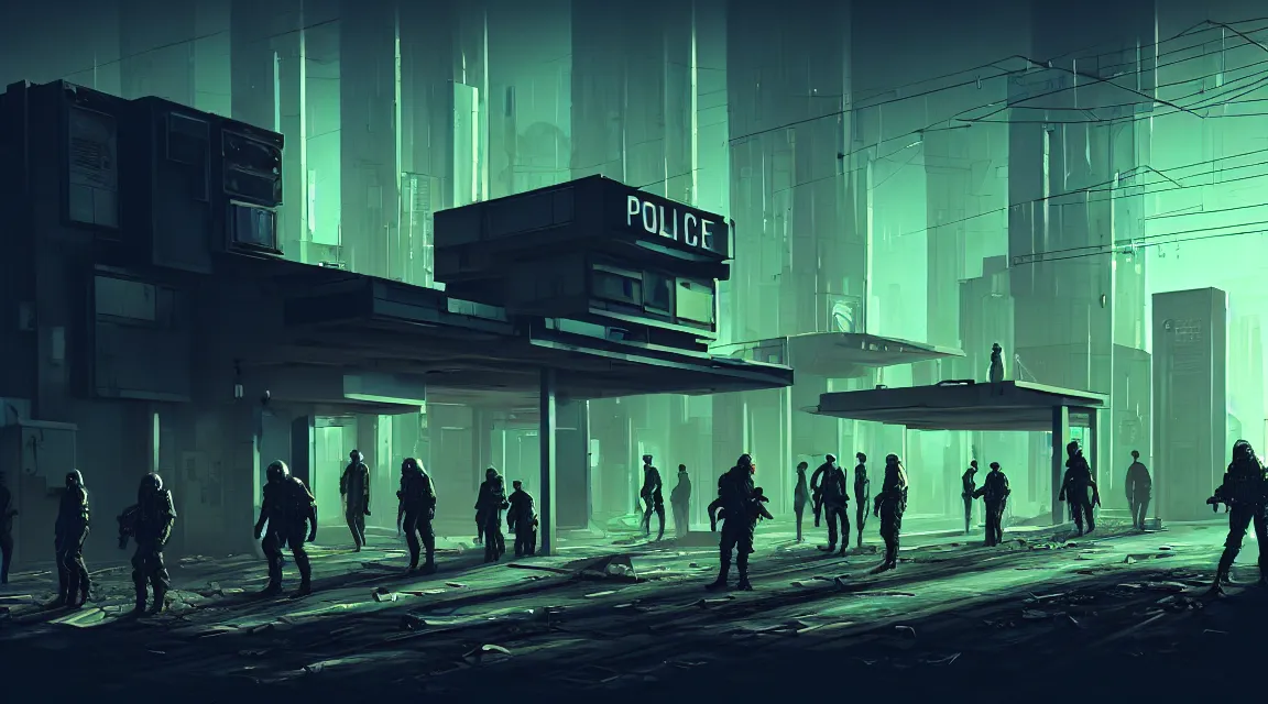 Prompt: post - apocalyptic police station, building, paved roads, sci - fi art, highly detailed photography, trending on artstation, hyperrealistic, human silhouettes, cyberpunk, environment artist, dystopian, science fiction, synthwave neon retro, concrete