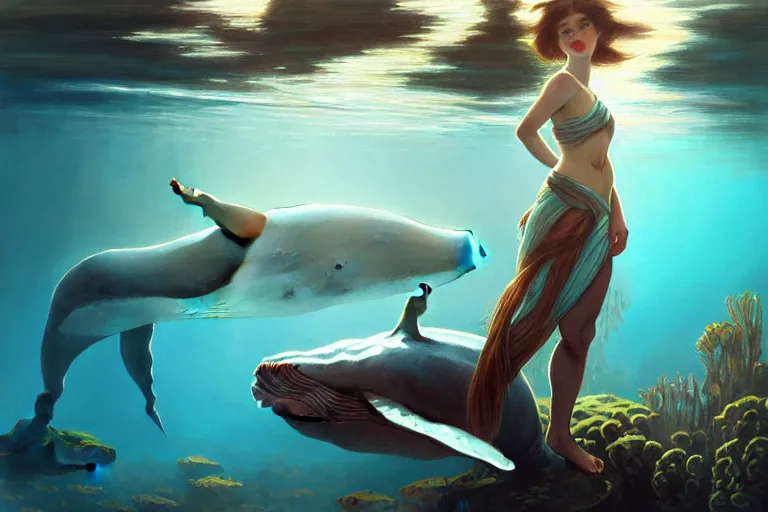Prompt: painting of panorama view of under the water, wearing beautiful clothes, underwater world, hyper detailed cg rendering of a cute girl and whale, atmospheric lighting, perfect shadow, elegant, highly detailed, digital painting, artstation, concept art, smooth, sharp focus, illustration, art raphael lacoste, by artgerm and greg rutkowski and alphonse mucha, 8 k