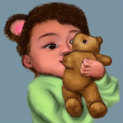 Image similar to little kid holding teddy bear, digital art