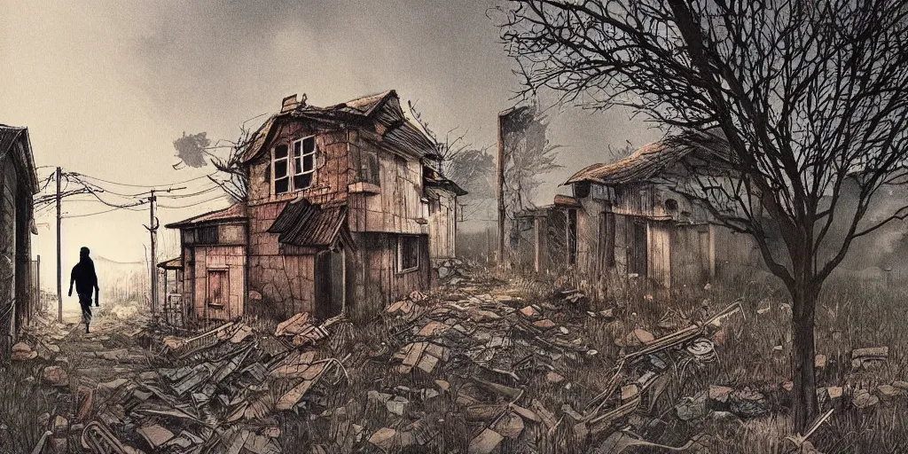 Prompt: beautiful tense illustration of an apocalyptic scene, a man sneaking through an abandoned rural modern village, stephen king atmosphere, 1 9 8 0 s japanese illustrator art, award winning